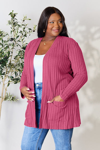 Basic Bae Full Size Ribbed Open Front Cardigan with Pockets - UrbanEthereal