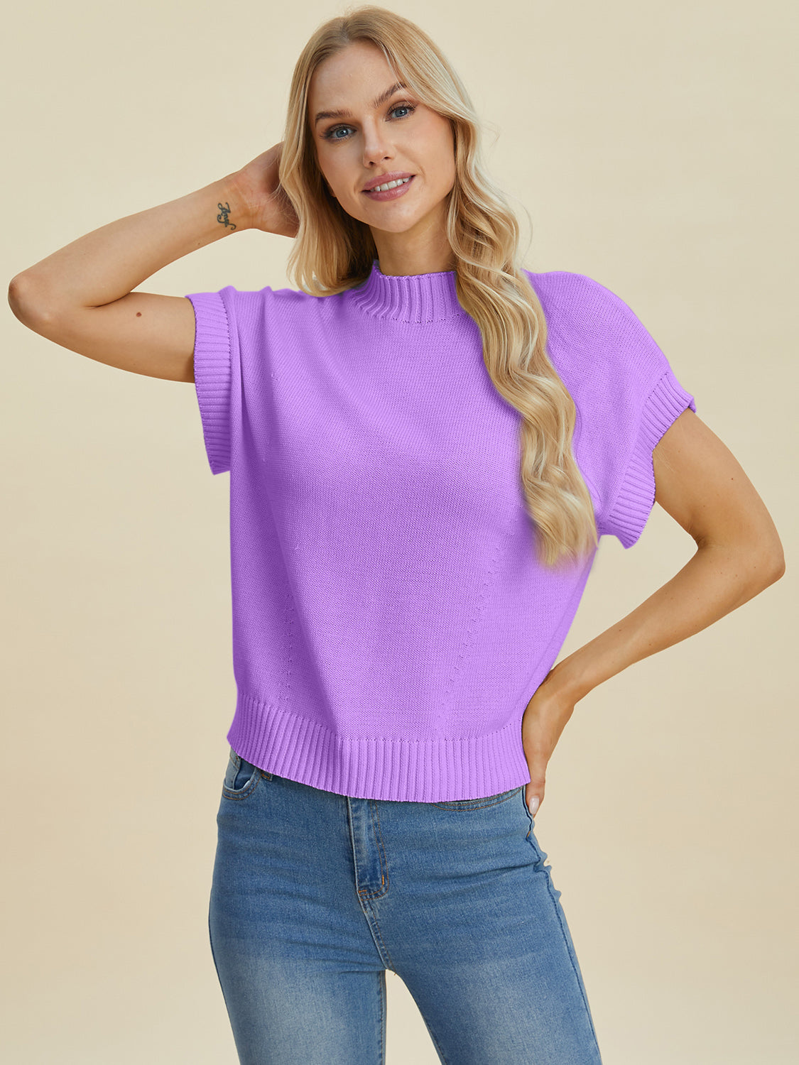 Double Take Full Size Mock Neck Short Sleeve Sweater - UrbanEthereal