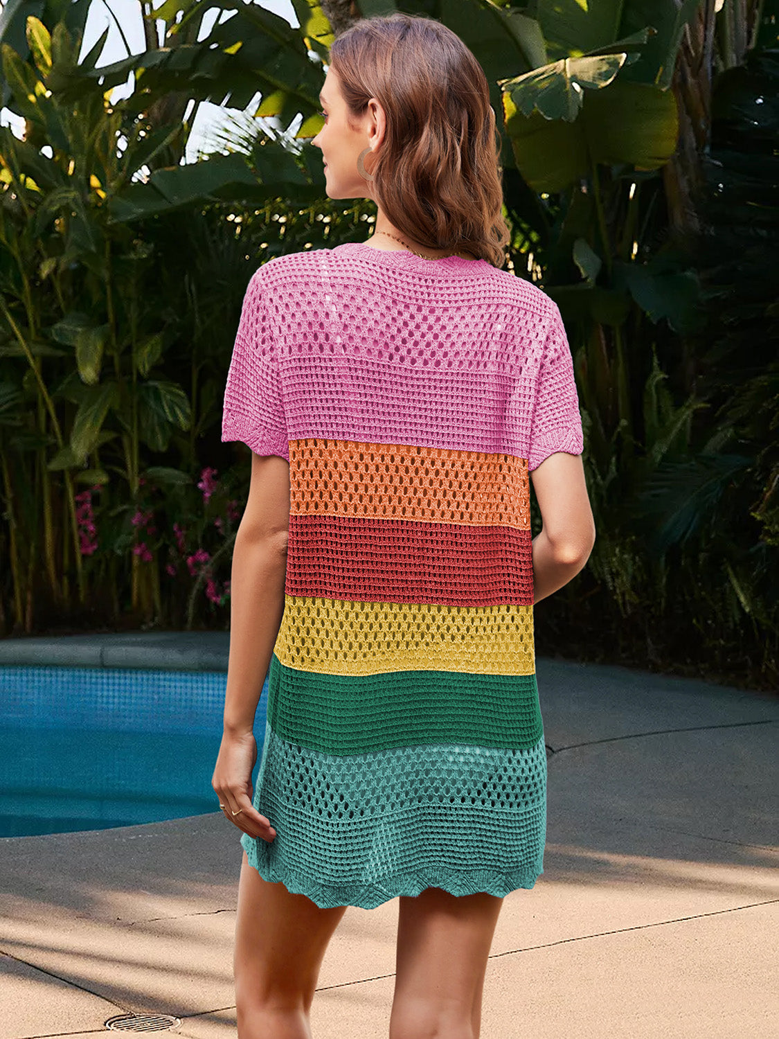 Openwork Round Neck Short Sleeve Cover-UP - UrbanEthereal
