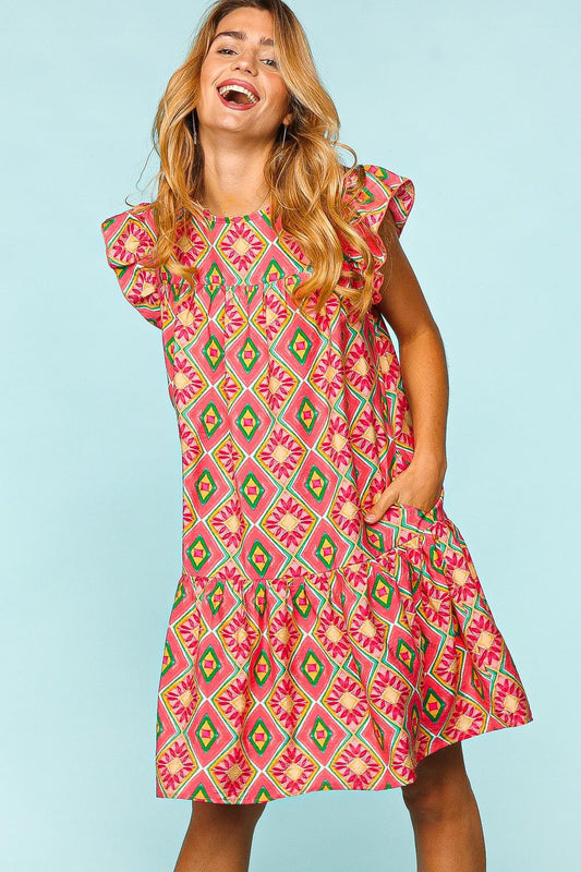 Haptics Full Size Ruffled Printed Dress with Side Pockets - UrbanEthereal