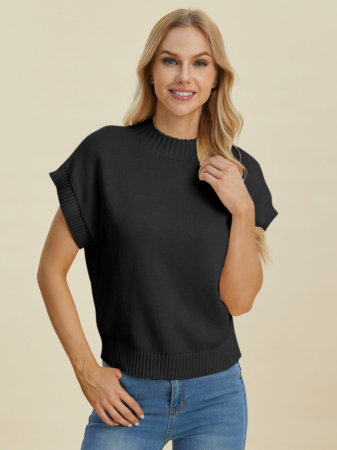 Double Take Full Size Mock Neck Short Sleeve Sweater - UrbanEthereal