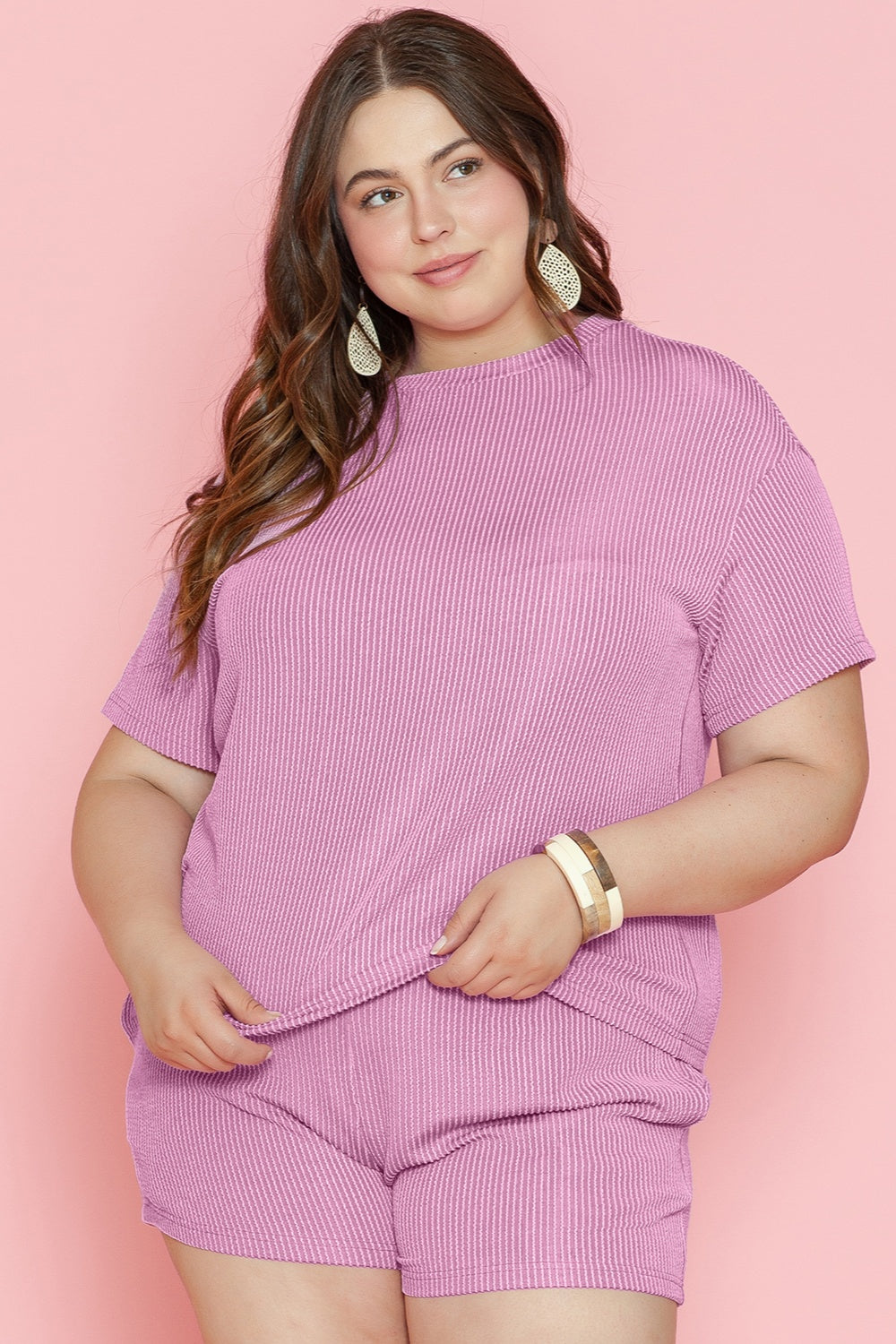 Plus Size Round Neck Short Sleeve Top and Shorts Set - UrbanEthereal