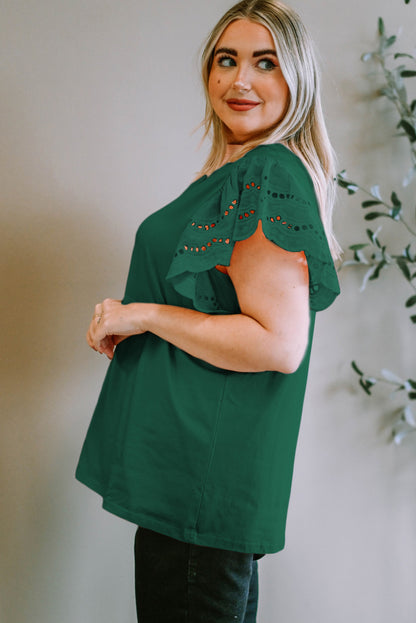 Plus Size Eyelet Round Neck Short Sleeve Blouse - UrbanEthereal