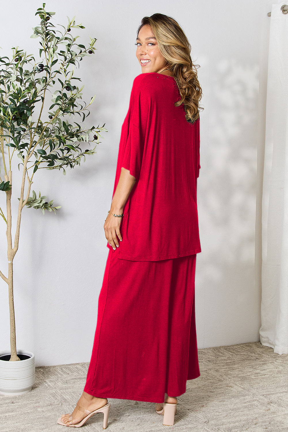 Double Take Full Size Round Neck Slit Top and Pants Set - UrbanEthereal