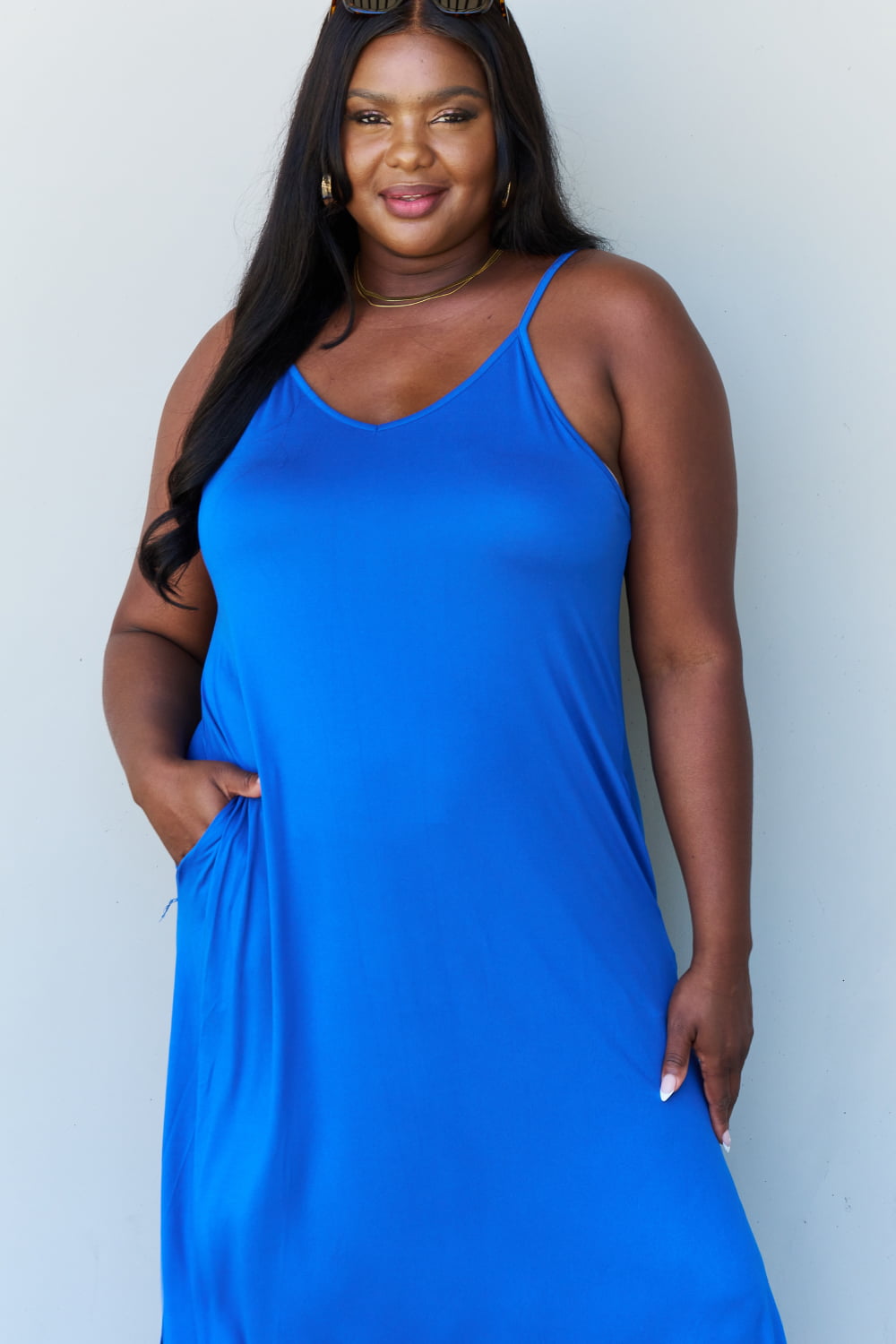 Ninexis Good Energy Full Size Cami Side Slit Maxi Dress in Royal Blue - UrbanEthereal