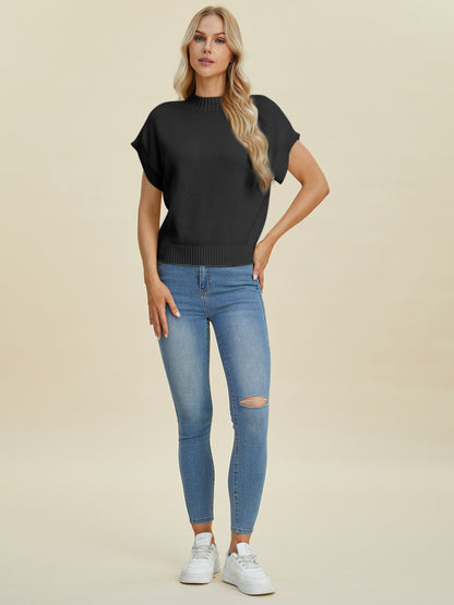 Double Take Full Size Mock Neck Short Sleeve Sweater - UrbanEthereal