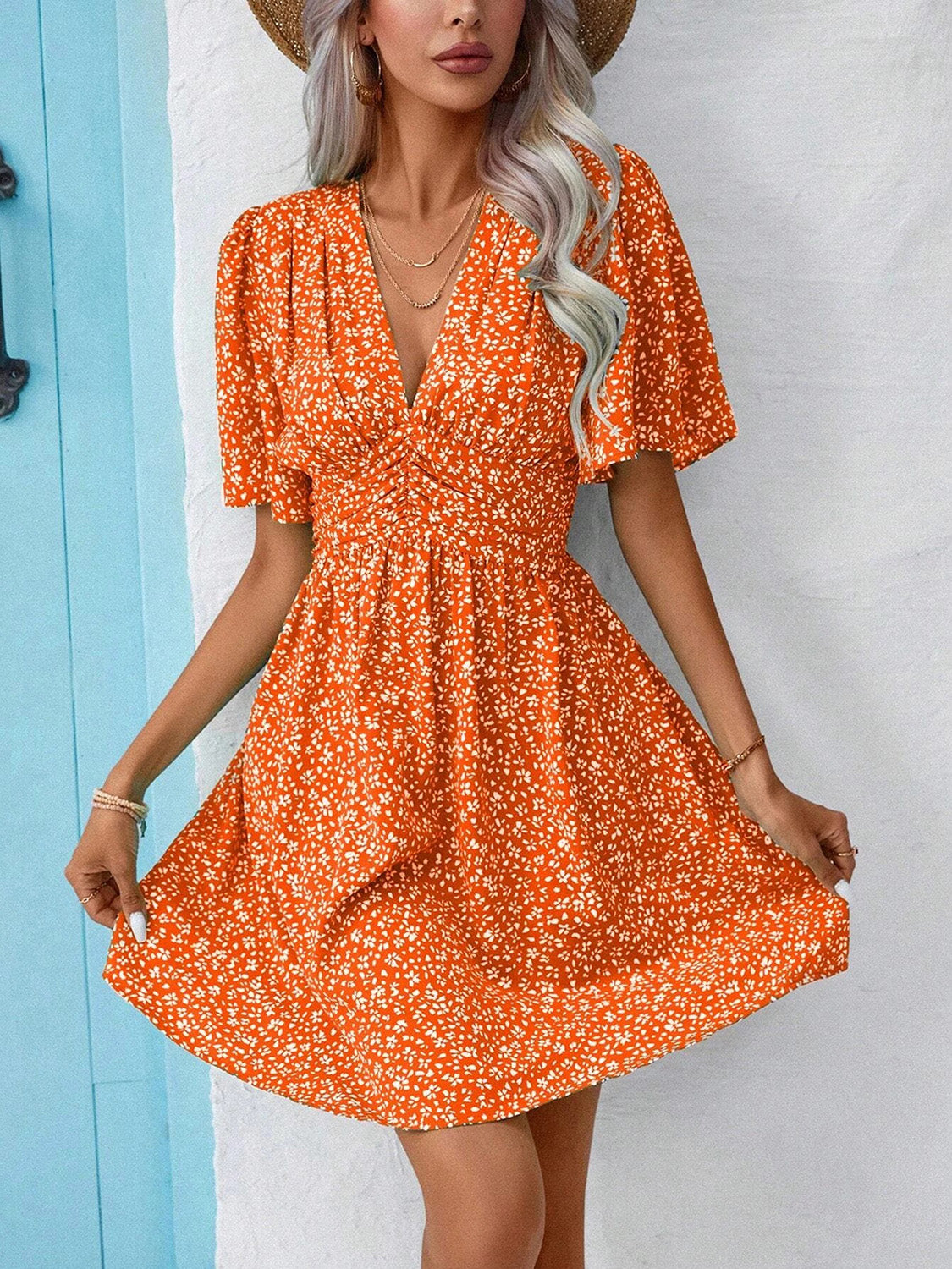 Printed V-Neck Half Sleeve Mini Dress - UrbanEthereal