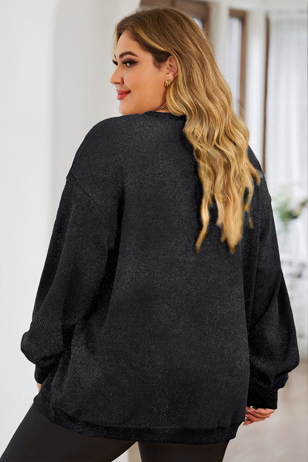 Plus Size Heart Ribbed Round Neck Sweatshirt - UrbanEthereal