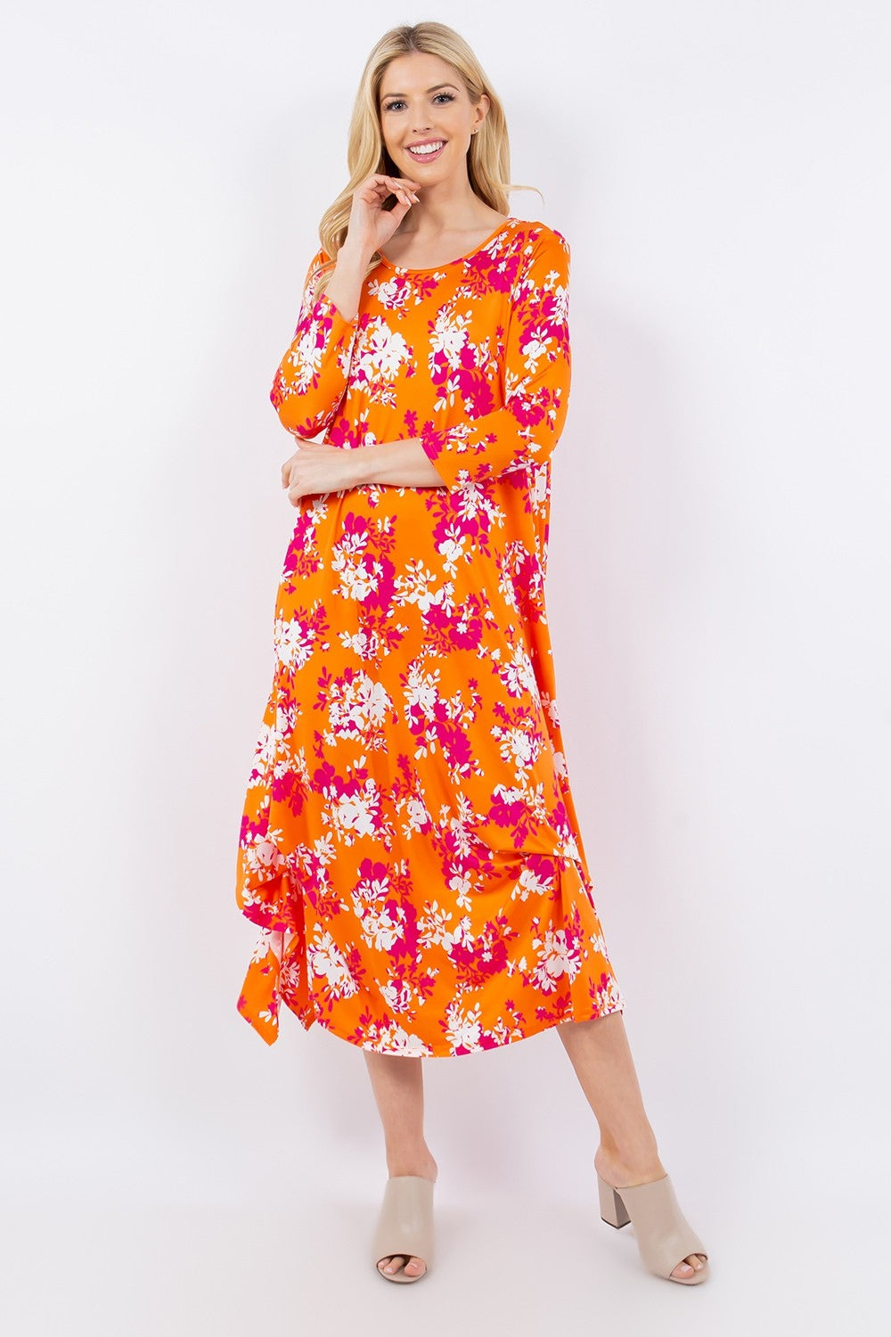 Celeste Full Size Pick-Up Hem Asymmetric Floral Midi Dress - UrbanEthereal