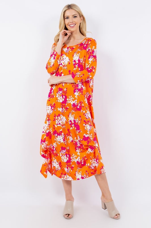Celeste Full Size Pick-Up Hem Asymmetric Floral Midi Dress - UrbanEthereal