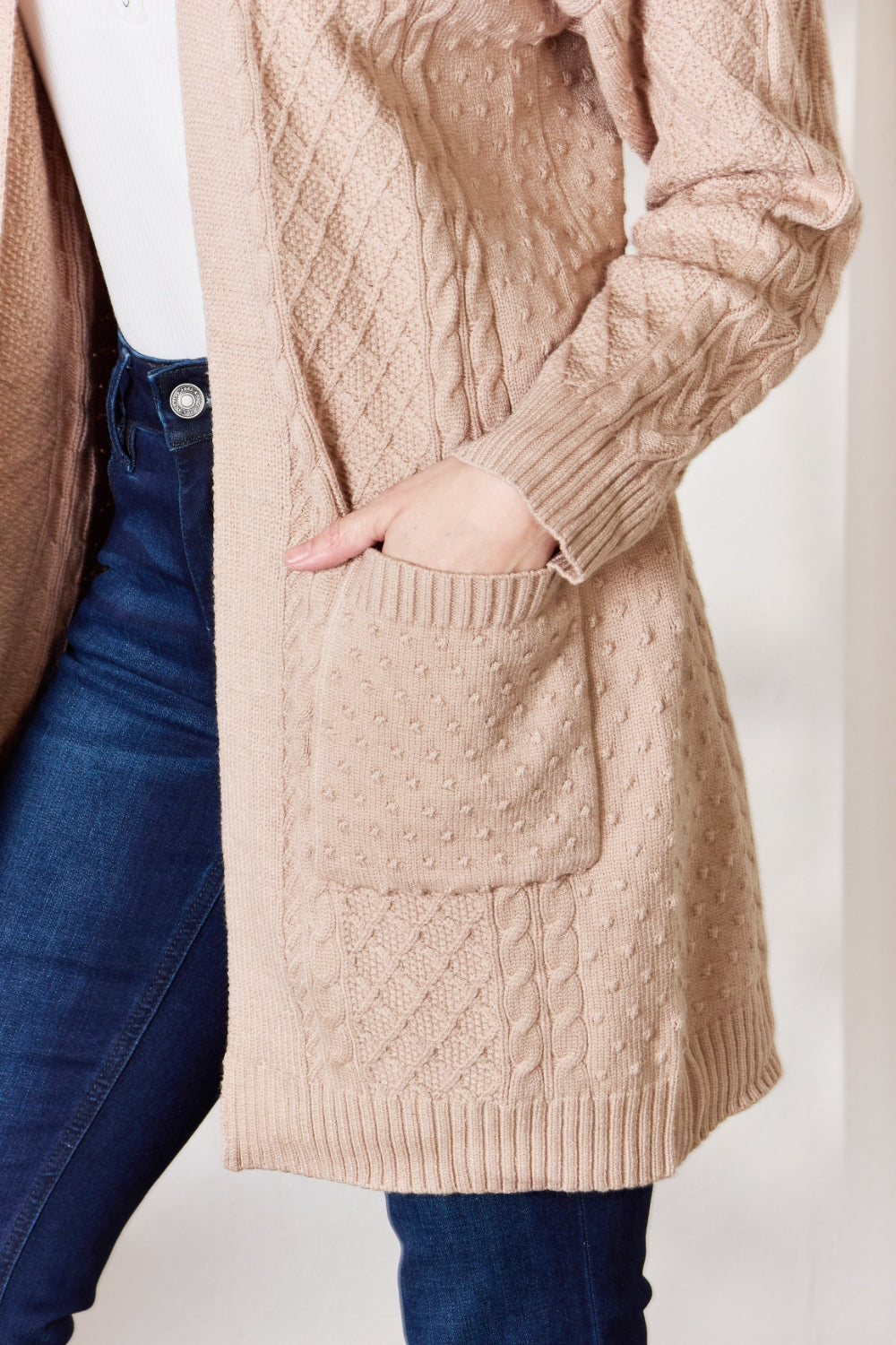 Hailey & Co Full Size Cable-Knit Pocketed Cardigan - UrbanEthereal