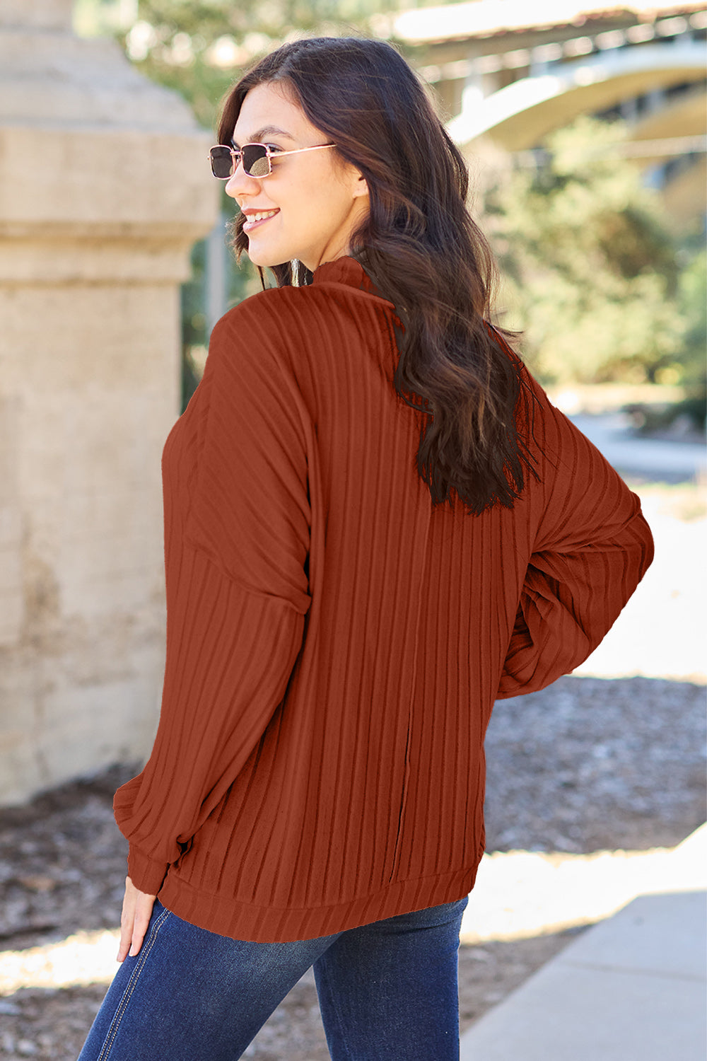 Basic Bae Full Size Ribbed Exposed Seam Mock Neck Knit Top - UrbanEthereal