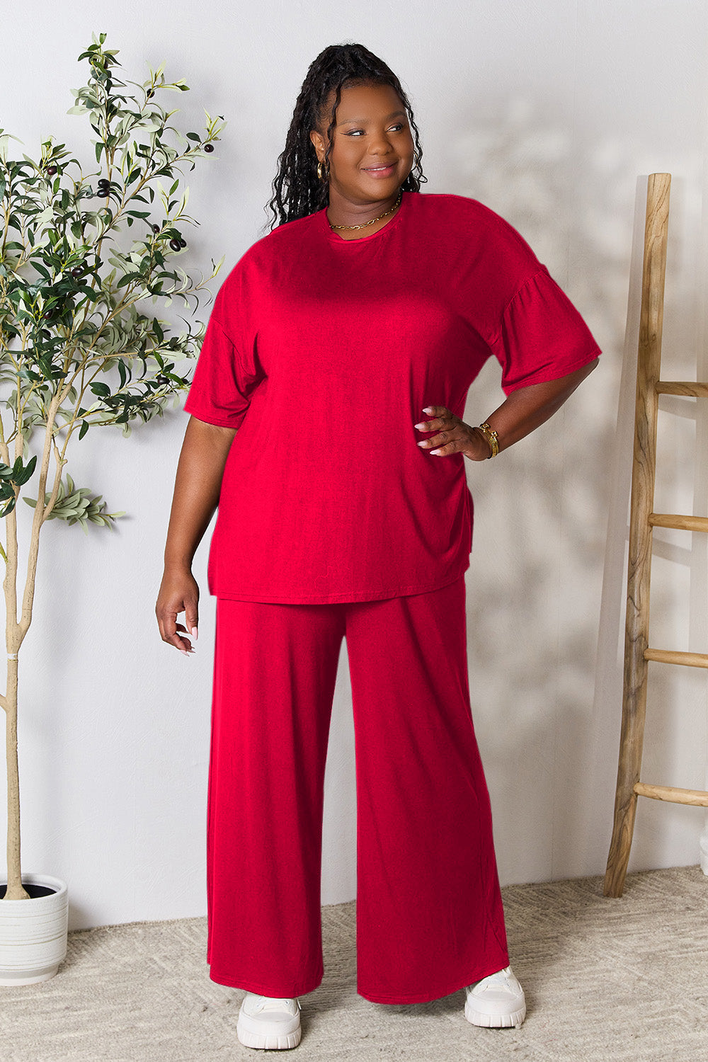 Double Take Full Size Round Neck Slit Top and Pants Set - UrbanEthereal