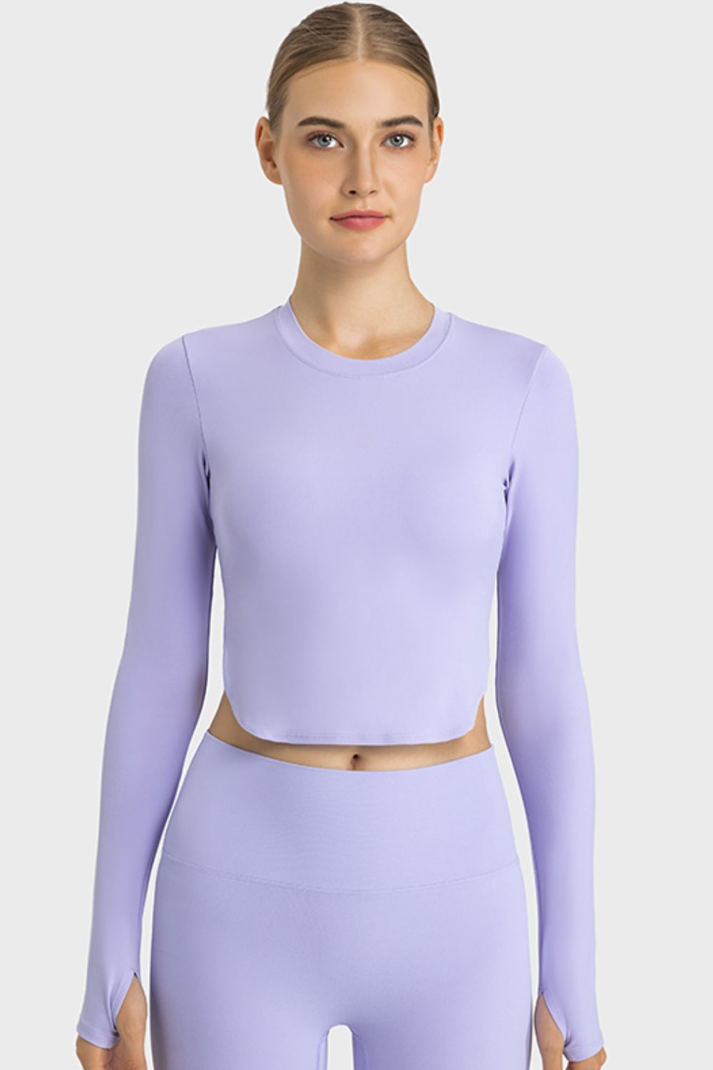 Millennia Side Slit Long Sleeve Round Neck Crop Top