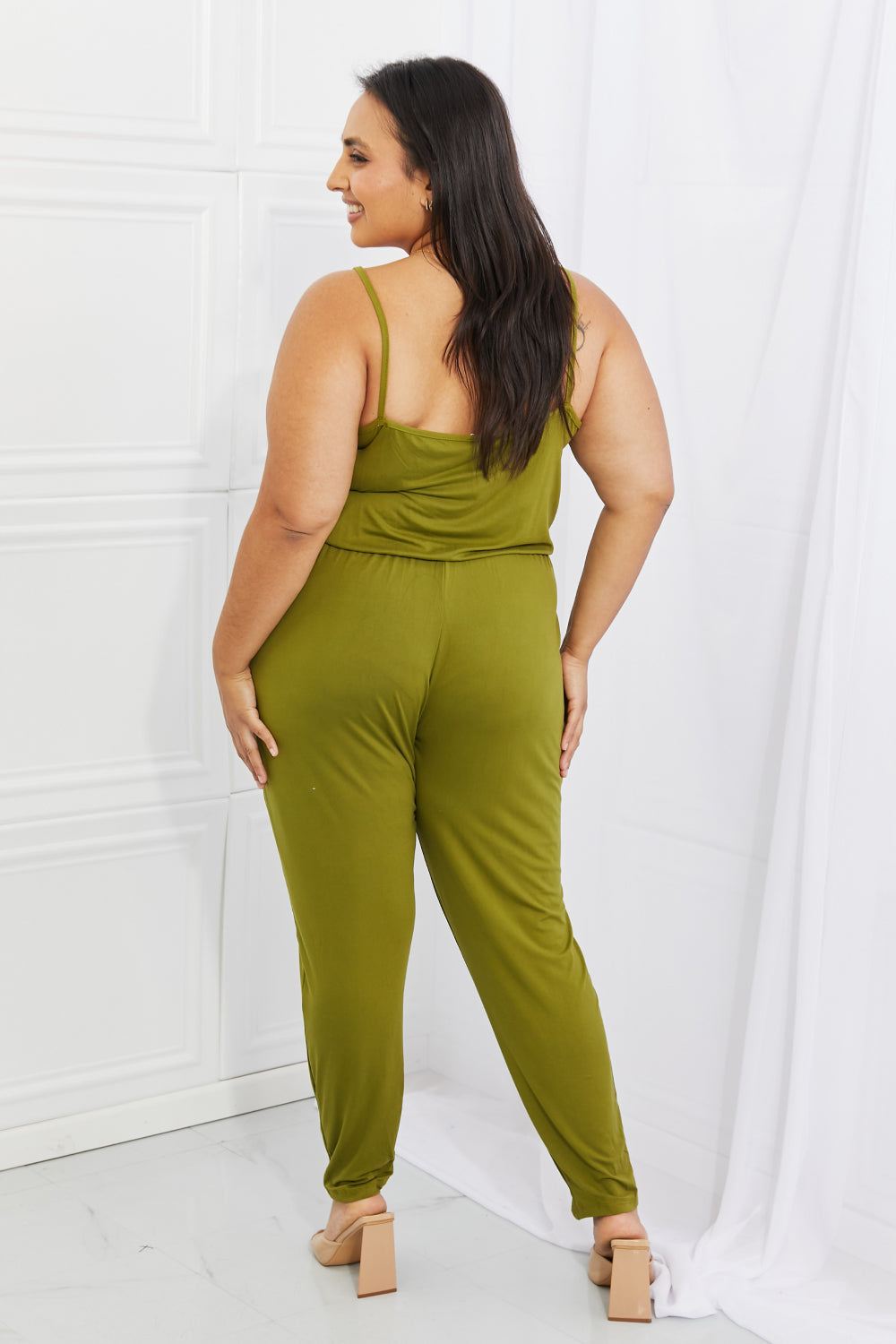 Capella Comfy Casual Full Size Solid Elastic Waistband Jumpsuit in Chartreuse - UrbanEthereal