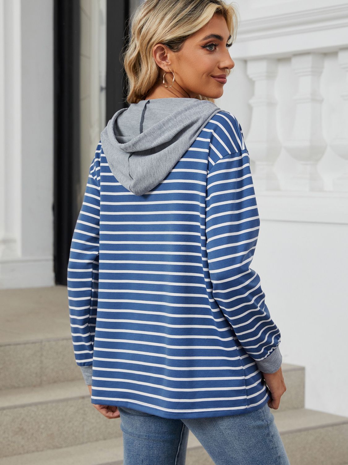 Drawstring Striped Long Sleeve Hoodie