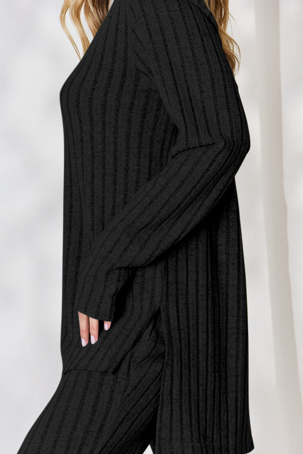 Basic Bae Full Size Ribbed High-Low Top and Wide Leg Pants Set - UrbanEthereal