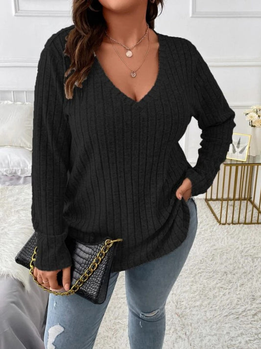 Plus Size V-Neck Long Sleeve T-Shirt - UrbanEthereal