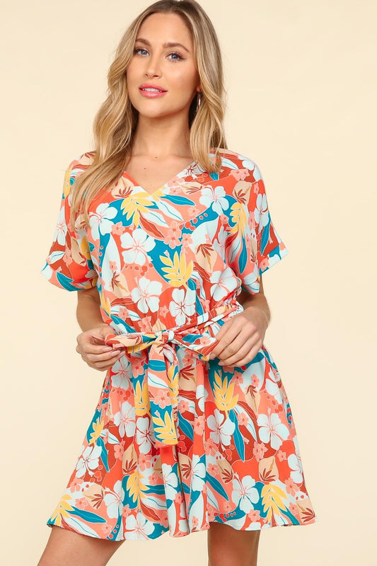 Haptics Tropical Floral Short Sleeve Tied Romper - UrbanEthereal