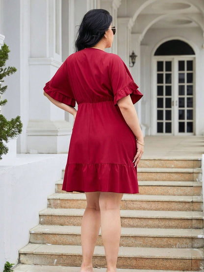 Plus Size Ruched Surplice Flounce Sleeve Mini Dress - UrbanEthereal