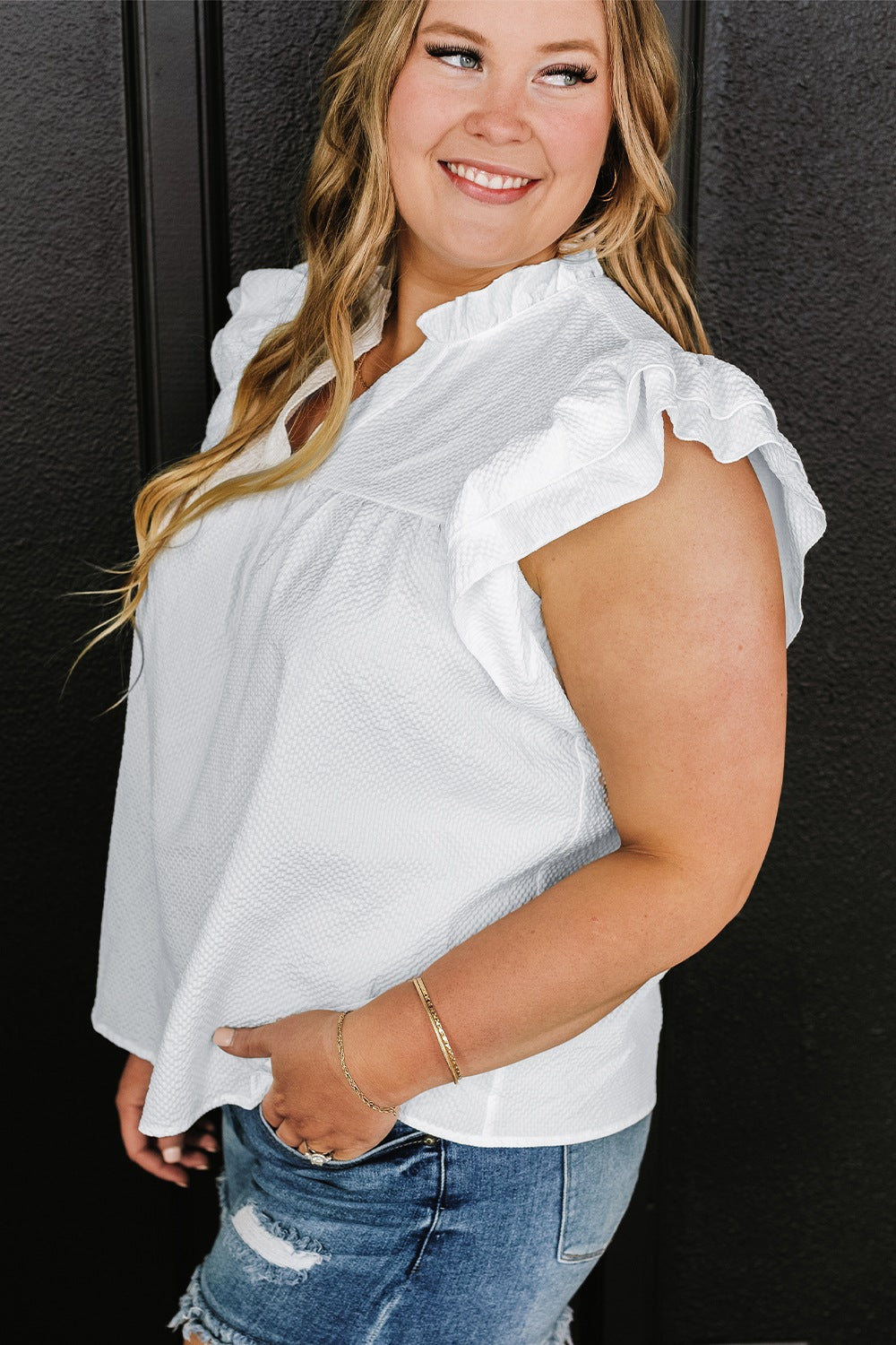 Plus Size Ruffled Notched Cap Sleeve Blouse - UrbanEthereal