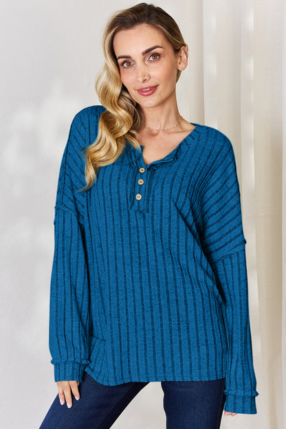 Basic Bae Full Size Ribbed Half Button Long Sleeve T-Shirt - UrbanEthereal