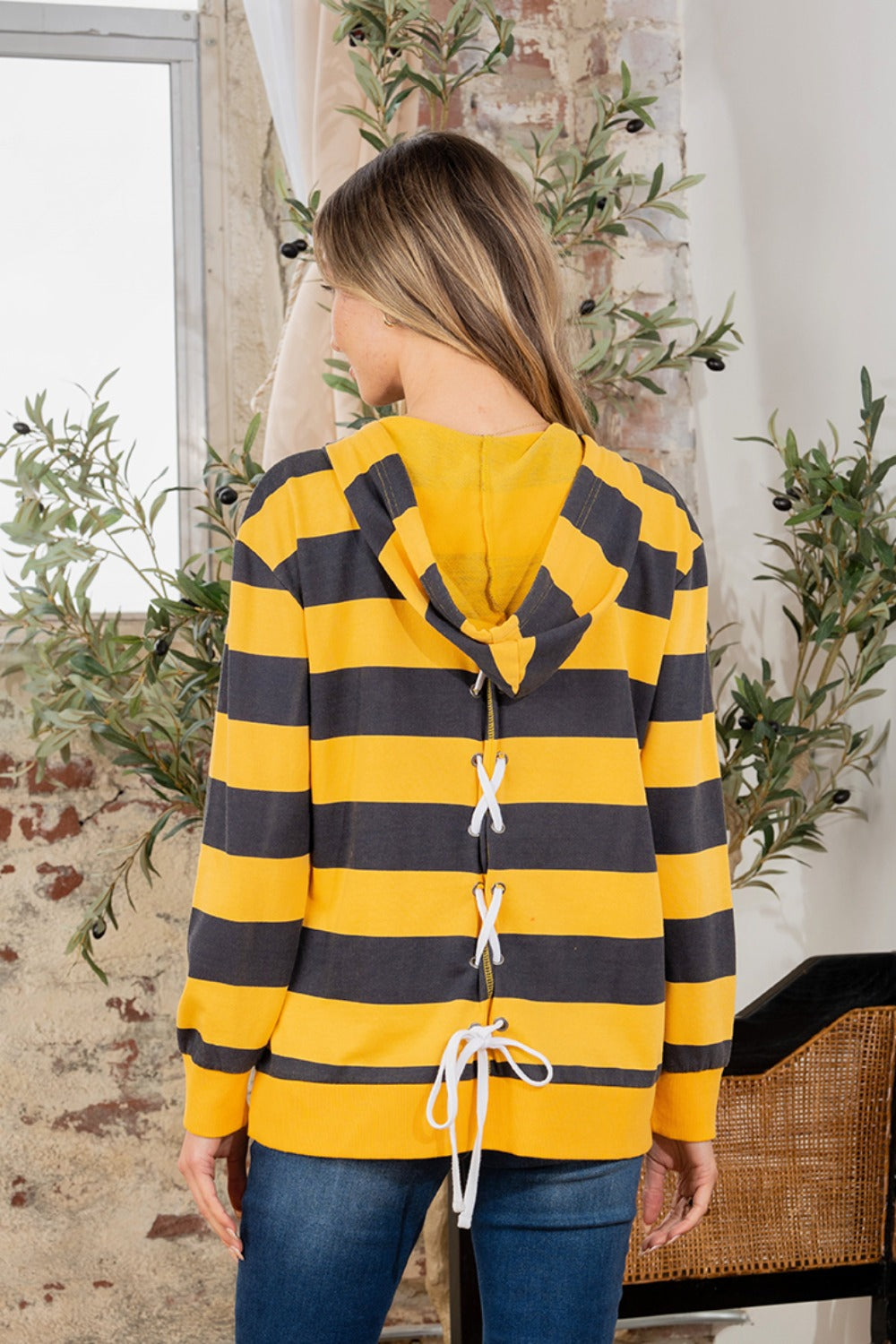 Full Size Drawstring Striped Long Sleeve Hoodie - UrbanEthereal