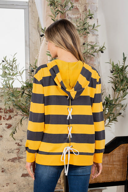Full Size Drawstring Striped Long Sleeve Hoodie - UrbanEthereal