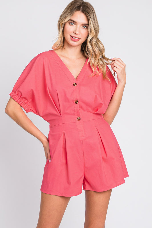 GeeGee Half Button V-Neck Linen Romper - UrbanEthereal