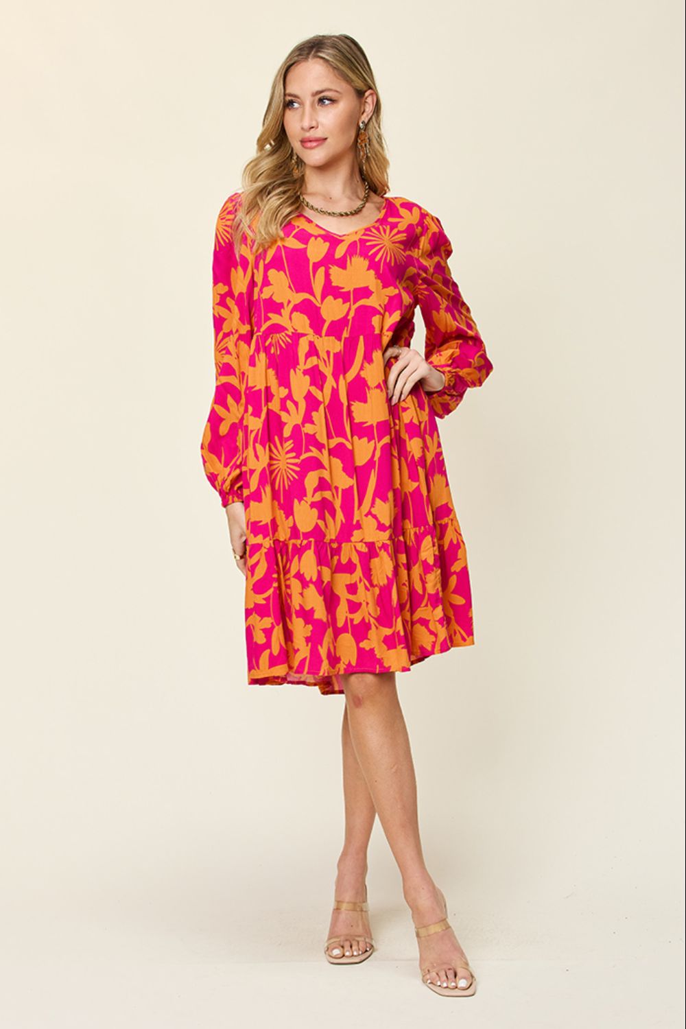 Double Take Full Size Printed Ruffle Hem Dress with Pocket - UrbanEthereal