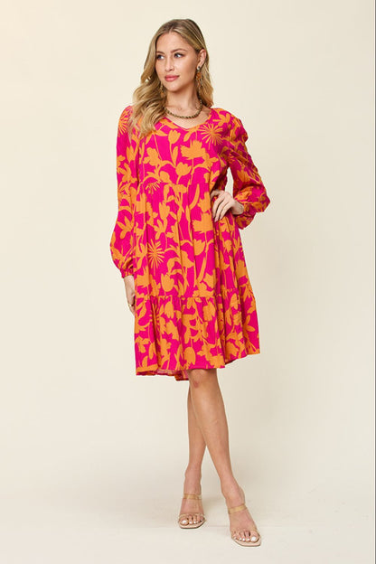 Double Take Full Size Printed Ruffle Hem Dress with Pocket - UrbanEthereal
