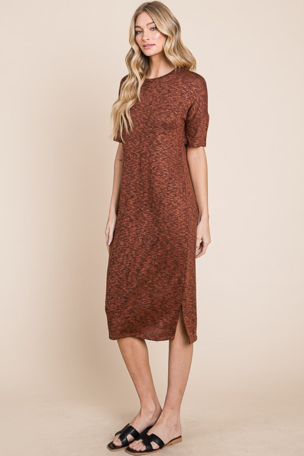 BOMBOM Round Neck Side Slit Midi Dress - UrbanEthereal