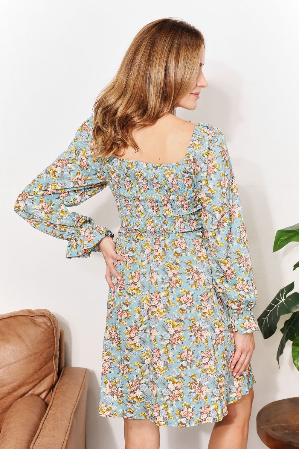 Floral Smocked Flounce Sleeve Square Neck Dress - UrbanEthereal