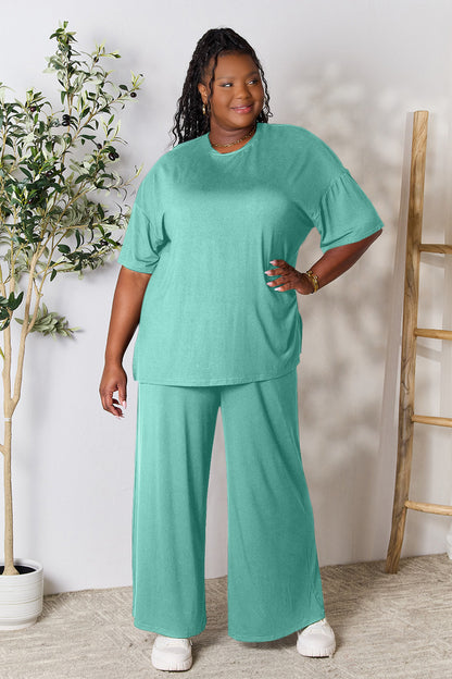 Double Take Full Size Round Neck Slit Top and Pants Set - UrbanEthereal