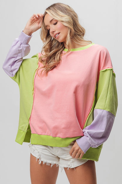 BiBi Washed Color Block Sweatshirt - UrbanEthereal