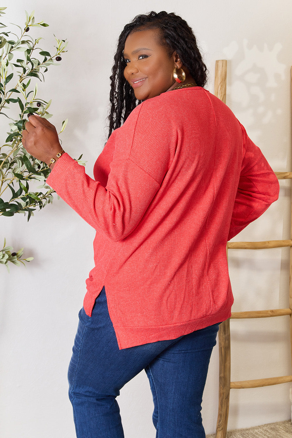 Basic Bae Round Neck Drop Shoulder Slit Sweatshirt - UrbanEthereal