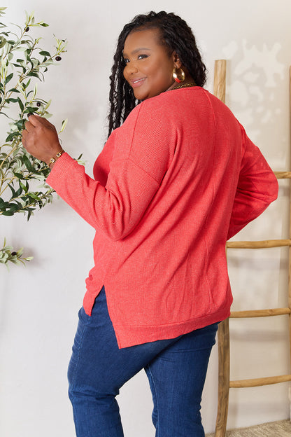 Basic Bae Round Neck Drop Shoulder Slit Sweatshirt - UrbanEthereal