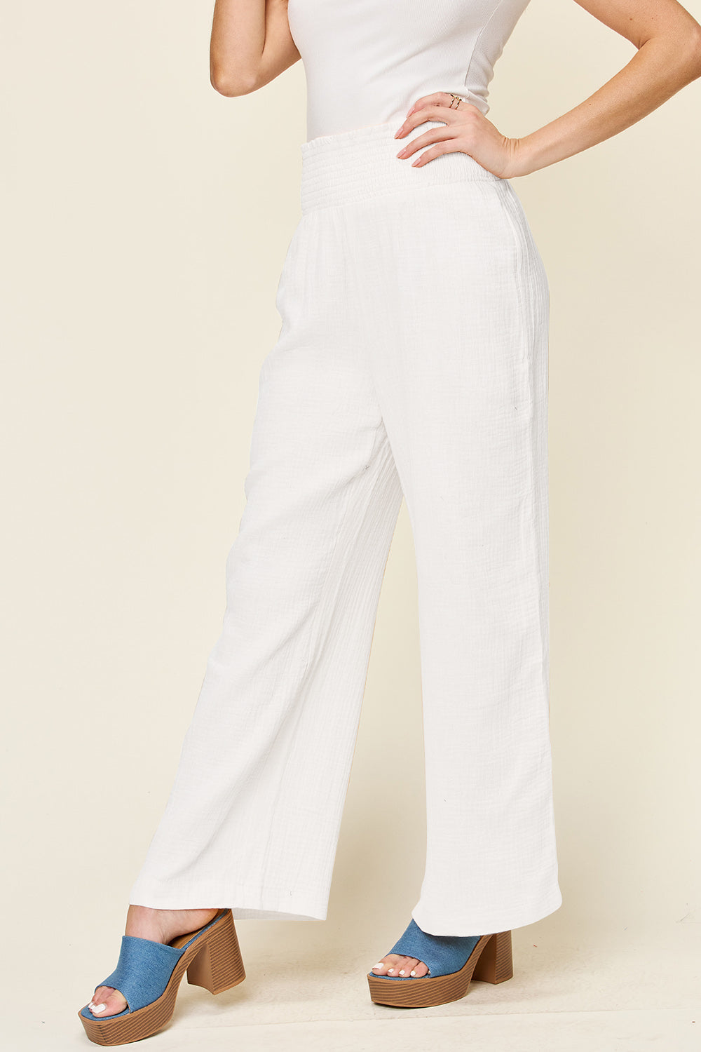 Double Take Full Size Texture Smocked Waist Wide Leg Pants - UrbanEthereal