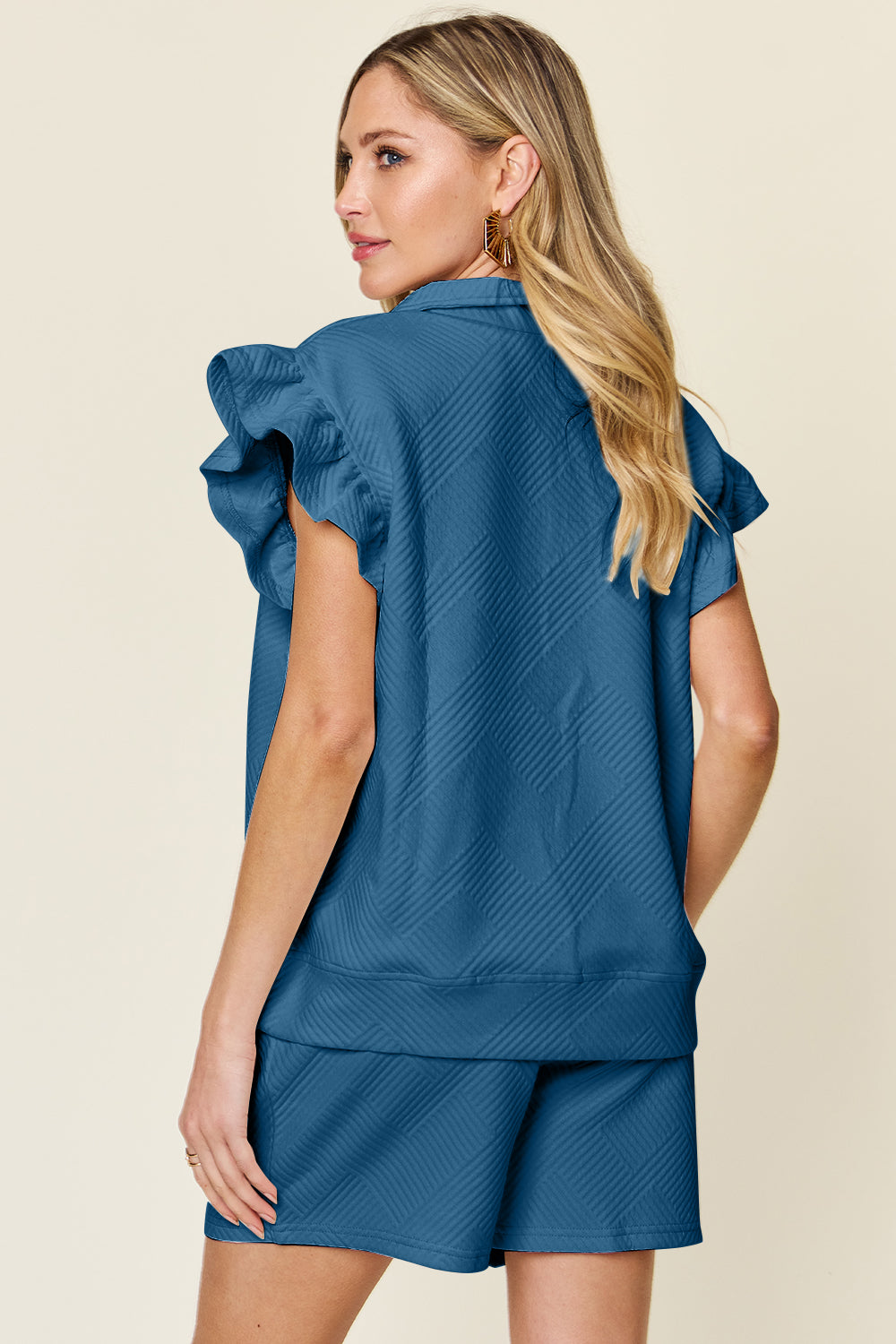 Double Take Full Size Texture Flounce Sleeve Top and Drawstring Shorts Set - UrbanEthereal