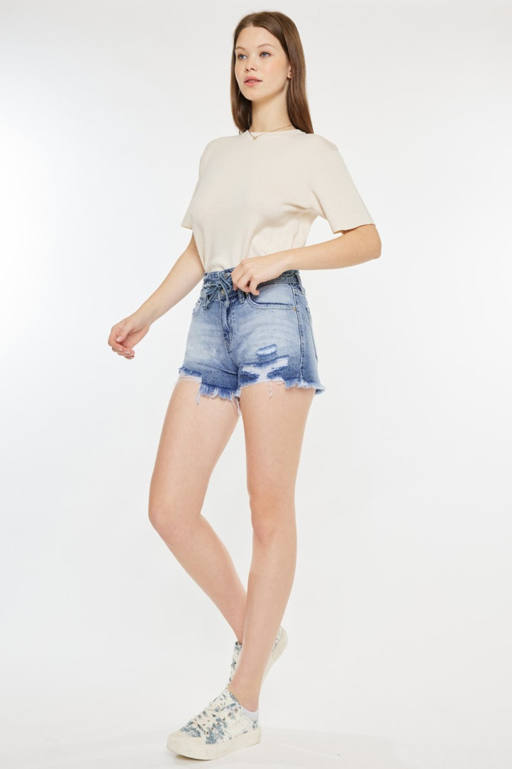 Kancan High Rise Frayed Hem Denim Shorts - UrbanEthereal