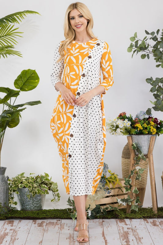Celeste Full Size Floral Polka Dot Contrast Midi-Dress with Pockets - UrbanEthereal