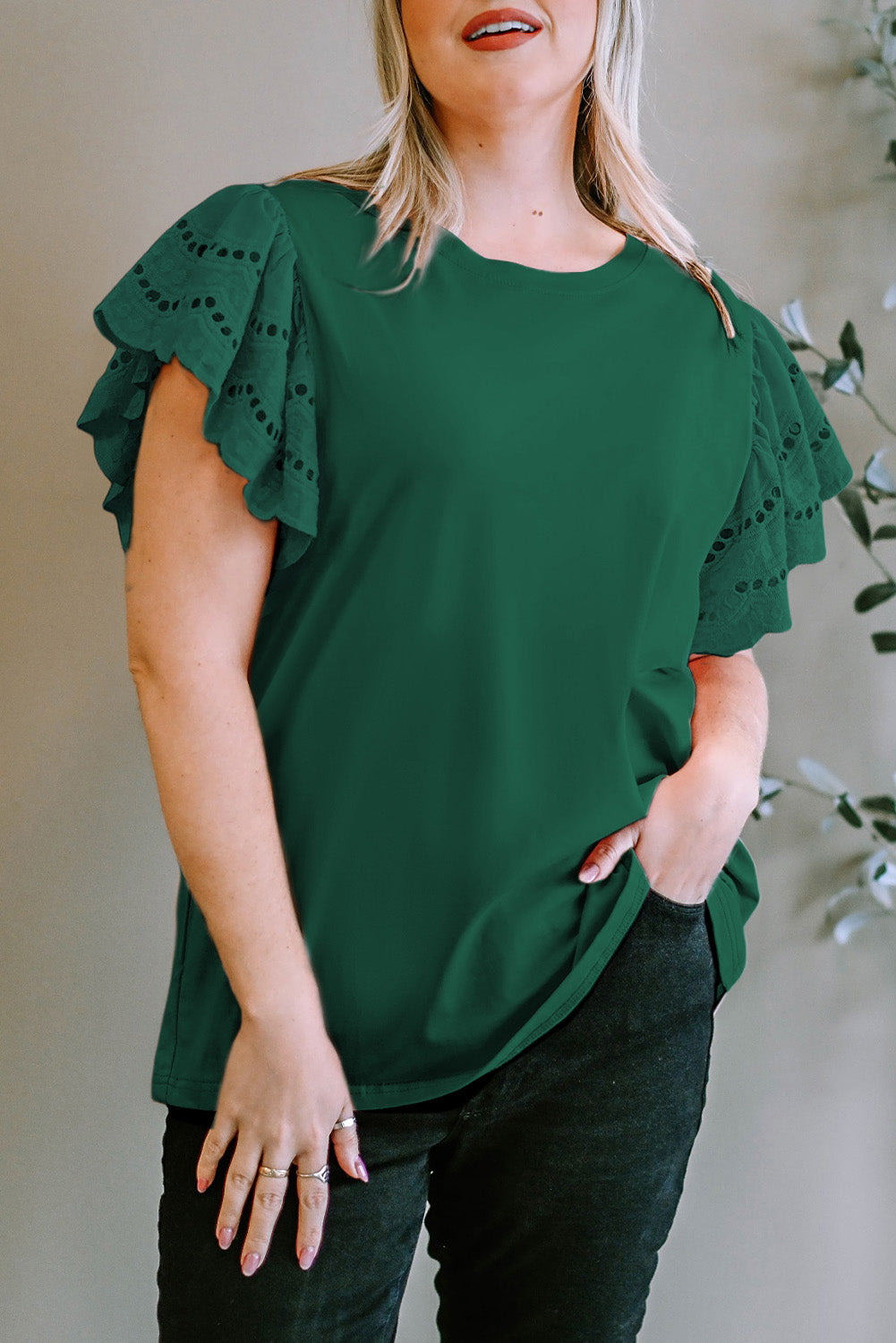Plus Size Eyelet Round Neck Short Sleeve Blouse - UrbanEthereal