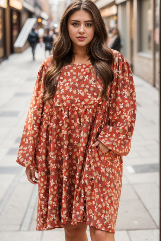 Plus Size Floral Round Neck Dress - UrbanEthereal