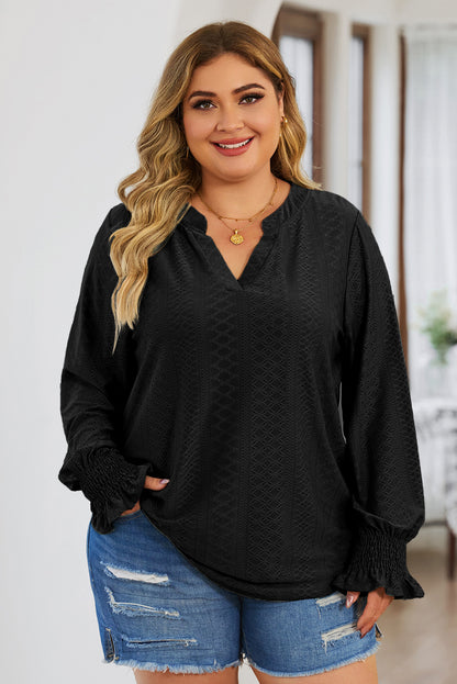 Plus Size Eyelet Notched Flounce Sleeve Blouse - UrbanEthereal