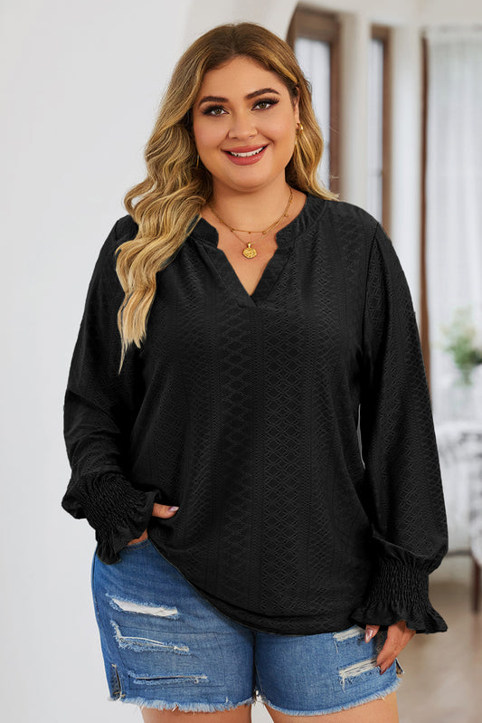 Plus Size Eyelet Notched Flounce Sleeve Blouse - UrbanEthereal
