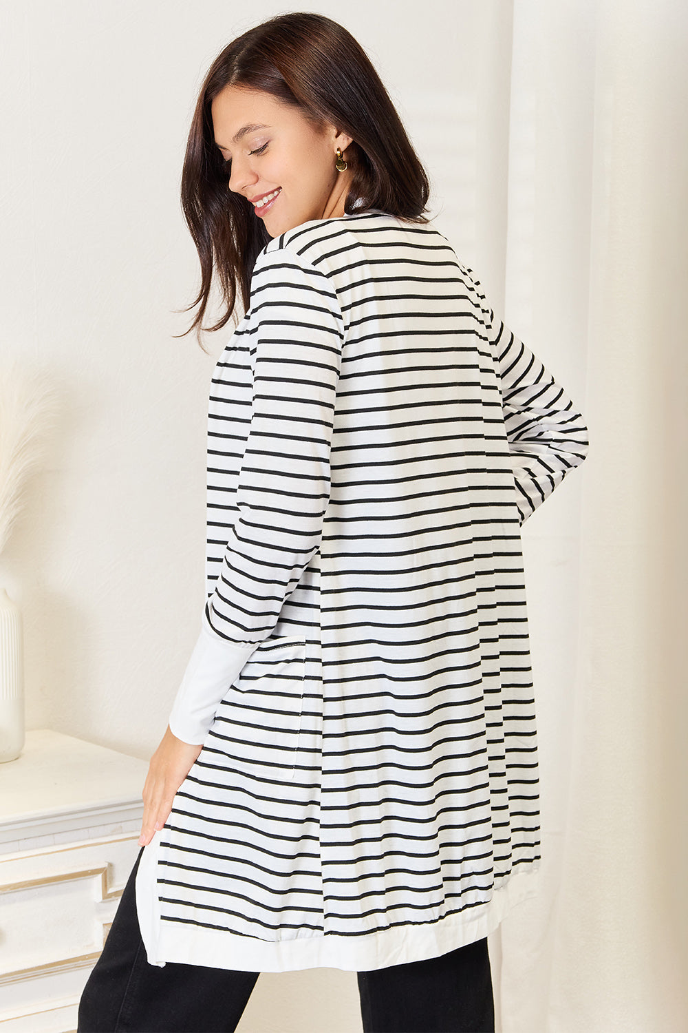 Double Take Striped Open Front Longline Cardigan - UrbanEthereal