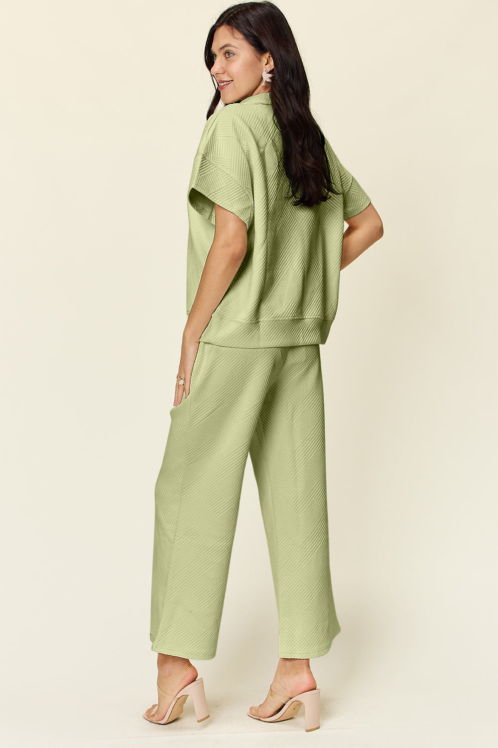 Double Take Full Size Texture Half Zip Short Sleeve Top and Pants Set - UrbanEthereal