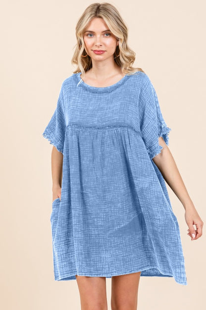 Culture Code Full Size Short Sleeve Babydoll Texture Dress with Pockets - UrbanEthereal