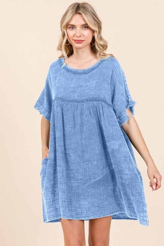Culture Code Full Size Short Sleeve Babydoll Texture Dress with Pockets - UrbanEthereal