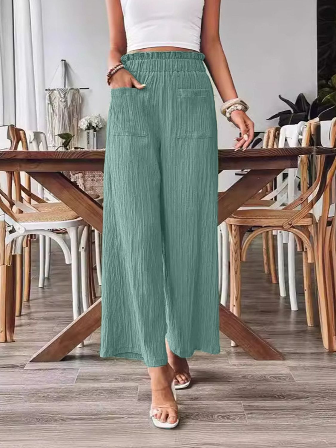 Pocketed Elastic Waist Wide Leg Pants